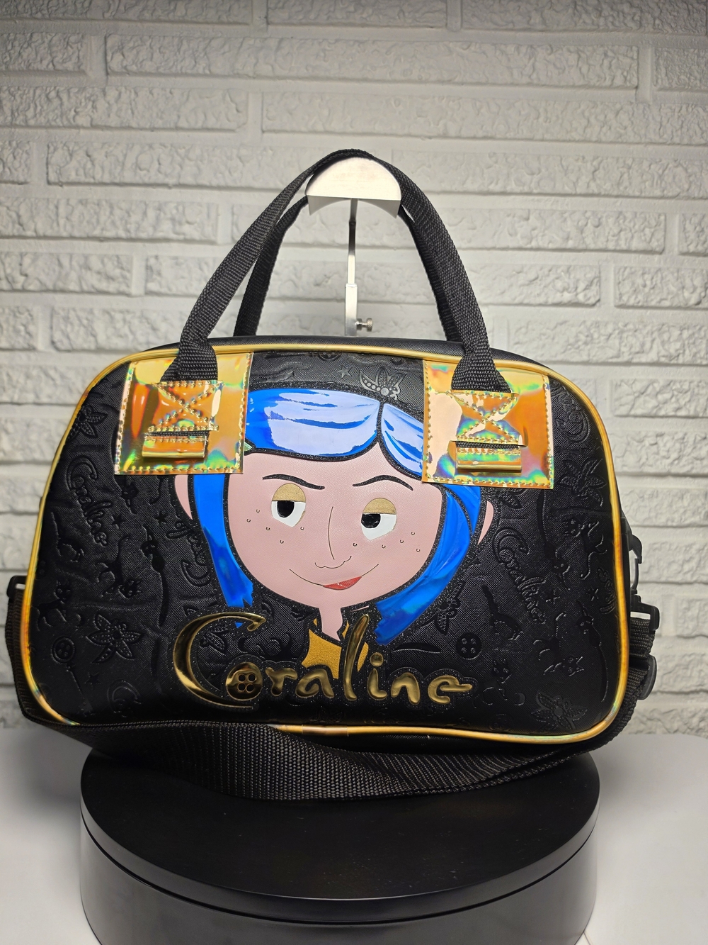 Black Tote Bag with Blue Character Artwork